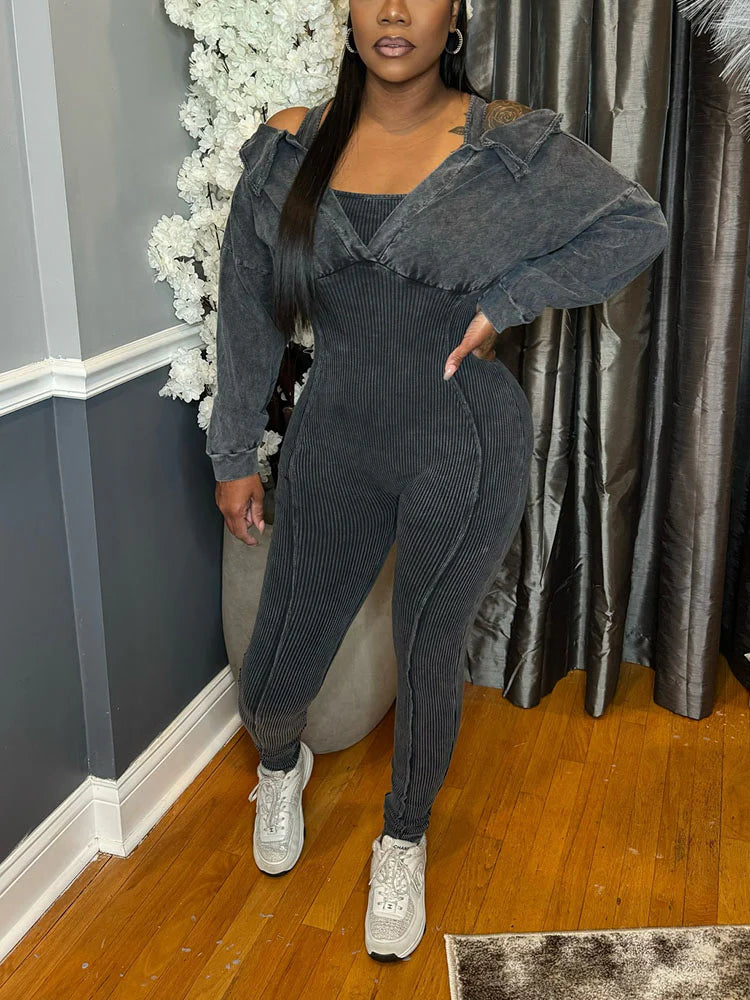 Washed Cold Shoulder Jumpsuit