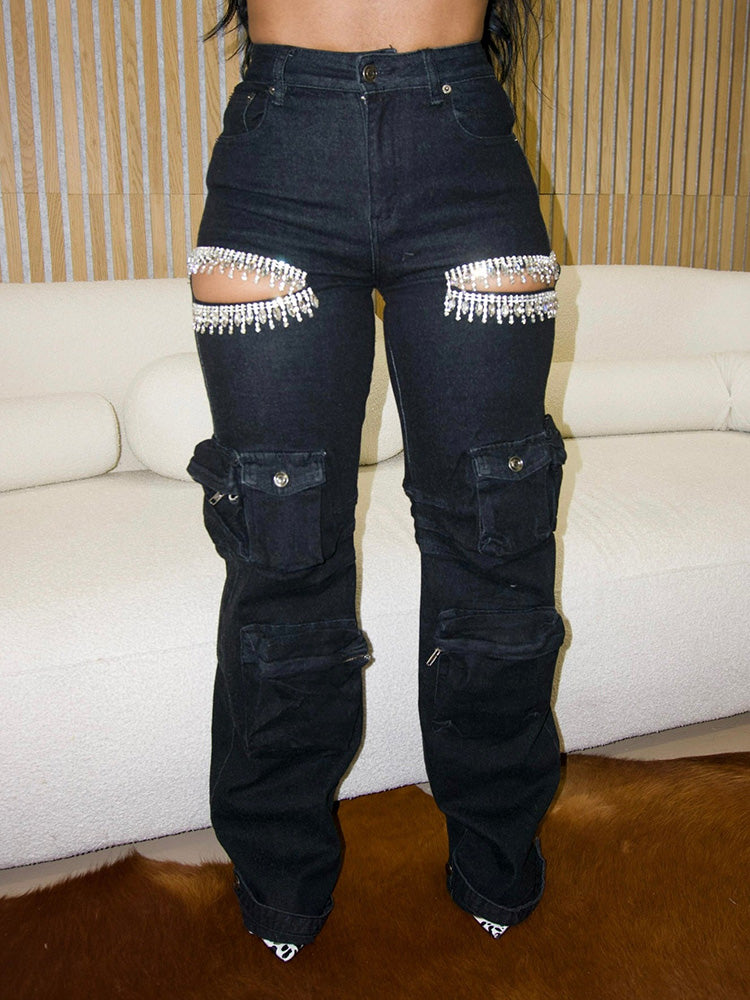 Crystal Cutout Cargo Jeans