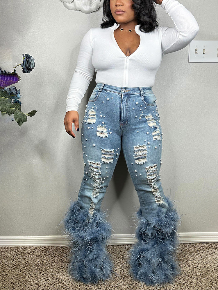 Pearl Feather Distressed Denim Jeans