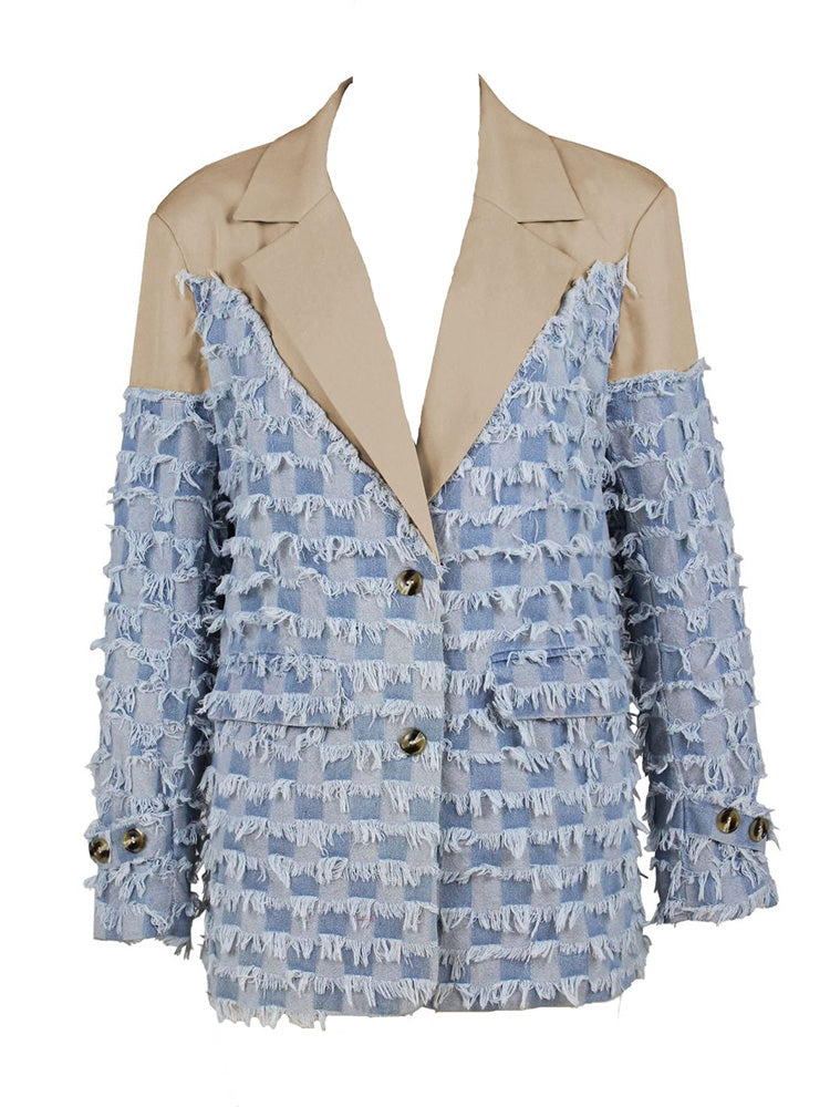 Denim Fringe Patchwork Blazer