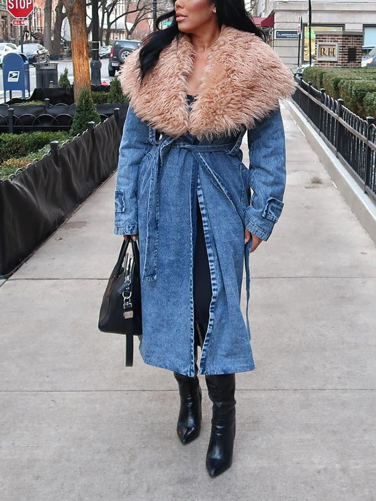 Fur Collar Denim Trench Coat