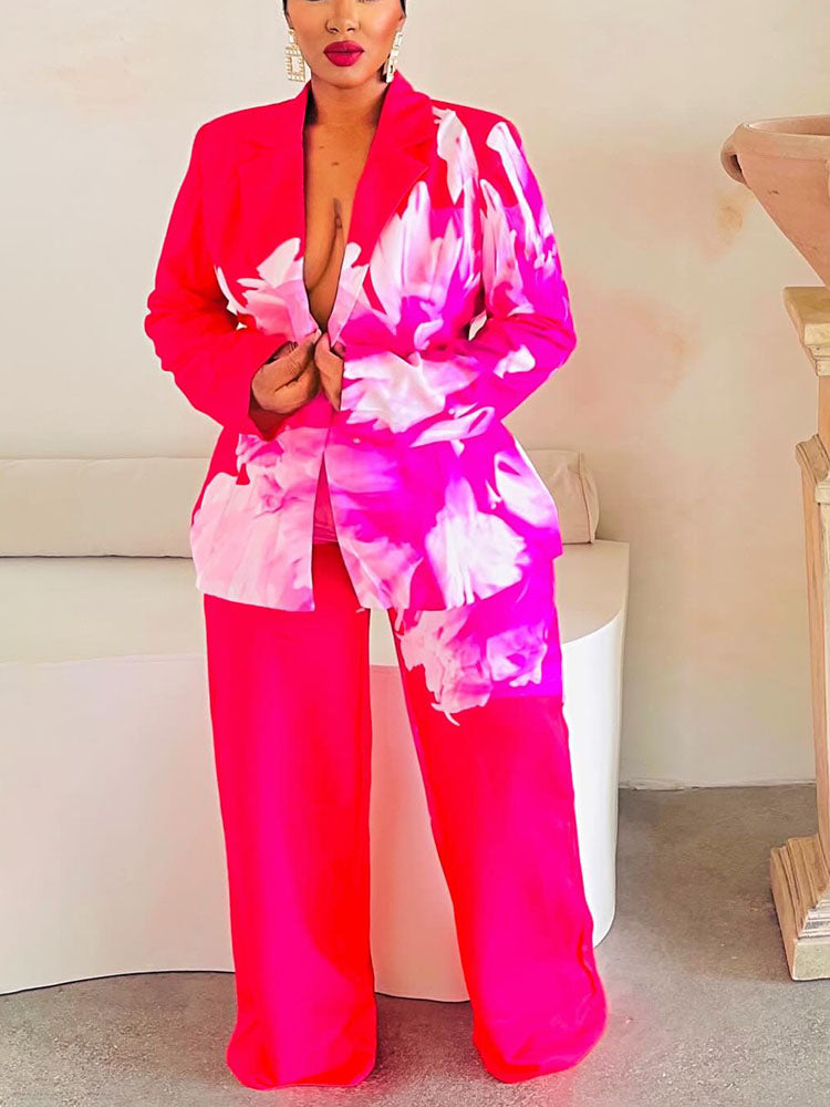 Floral Print Long Sleeve Blazer Pants Set