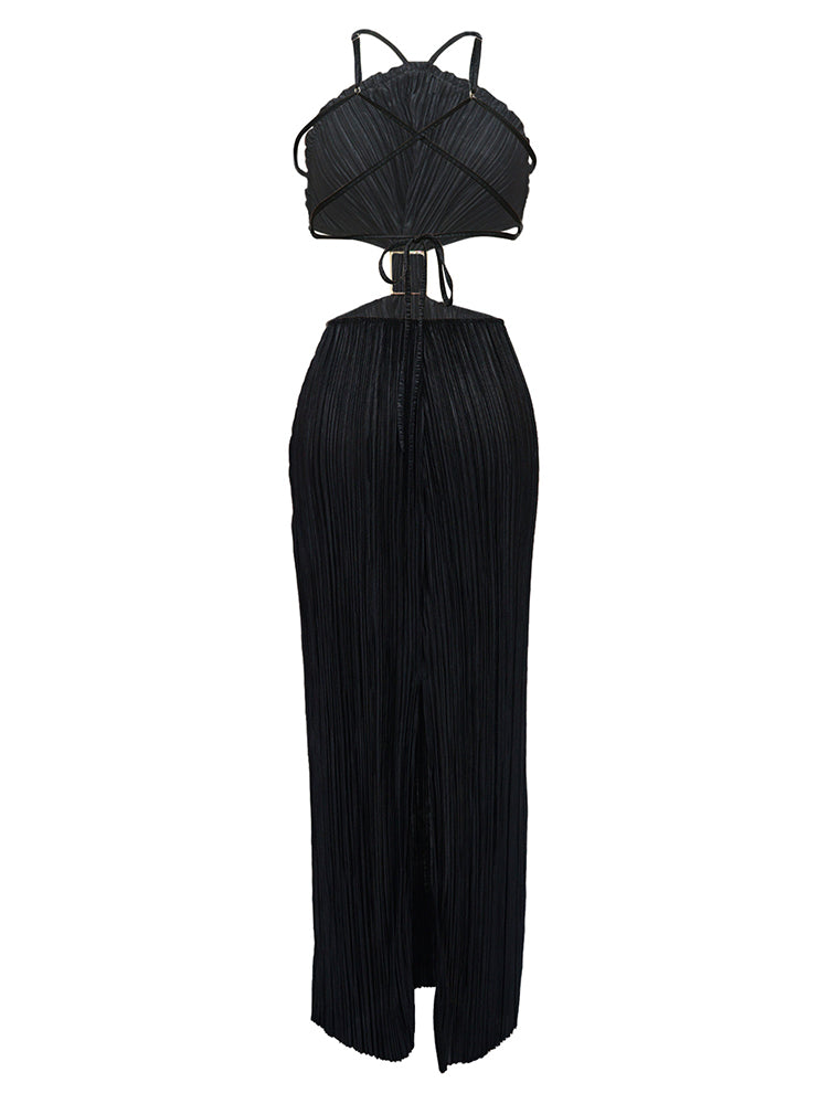 Halter Cutout Pleated Dress