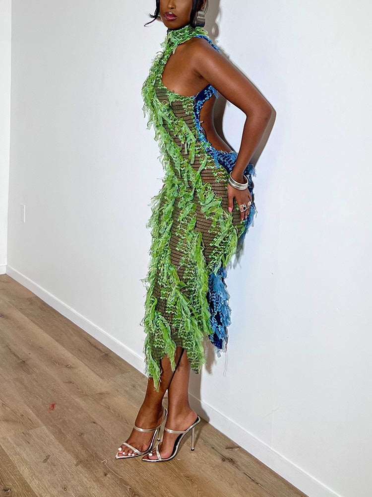 Double Toned Fringe Mesh Dress