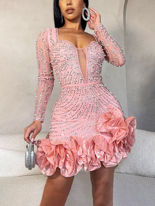 Rhinestone Pearl Ruffle Dress