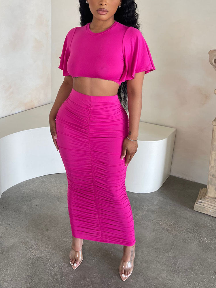 Crop Top Ruched Skirt Set