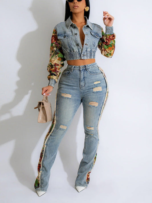 Floral Fusion Contrast Denim Set