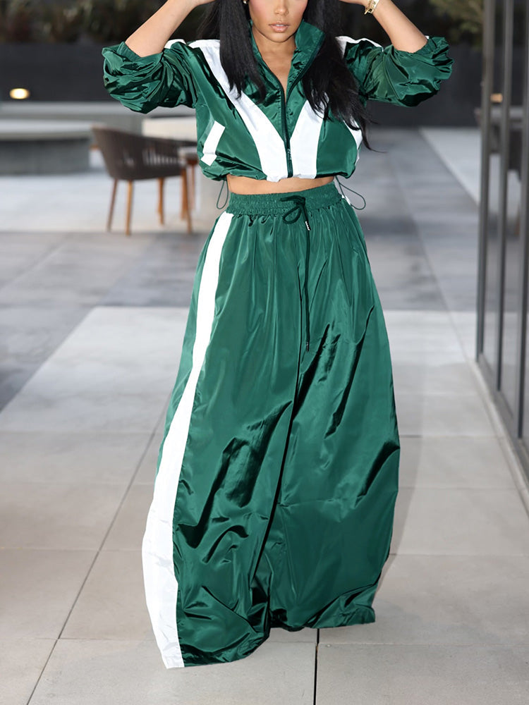 Sporty Crop Jacket Wide Pants Set