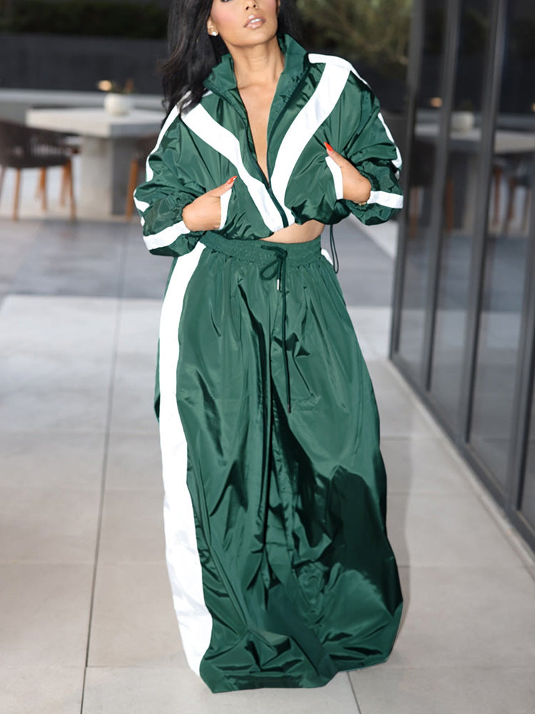 Sporty Crop Jacket Wide Pants Set