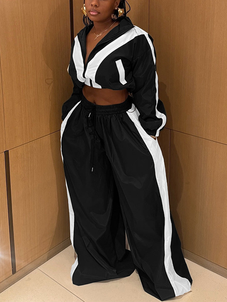 Sporty Crop Jacket Wide Pants Set