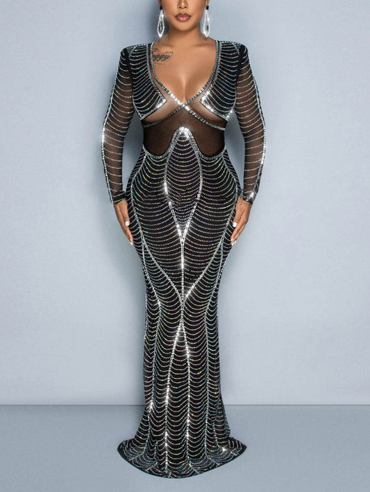 Mesh Rhinestones Sheer Maxi Dress