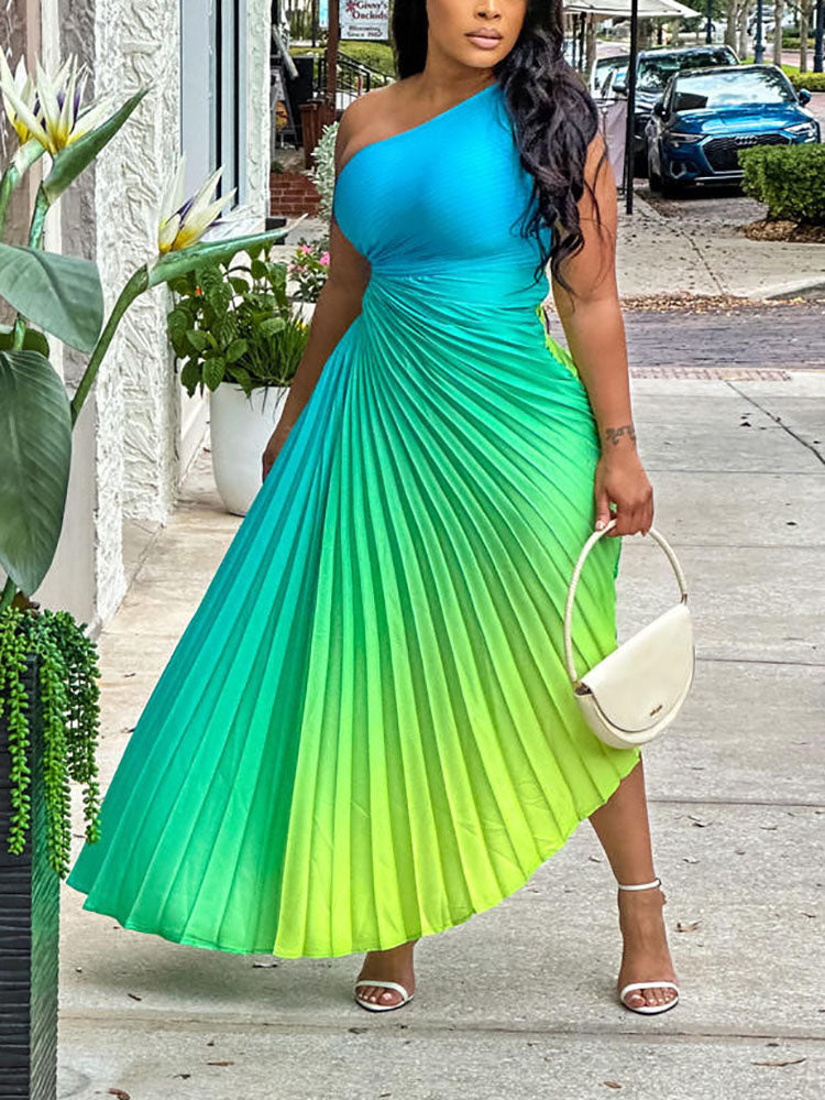 Ombre One Shoulder Pleated Dress