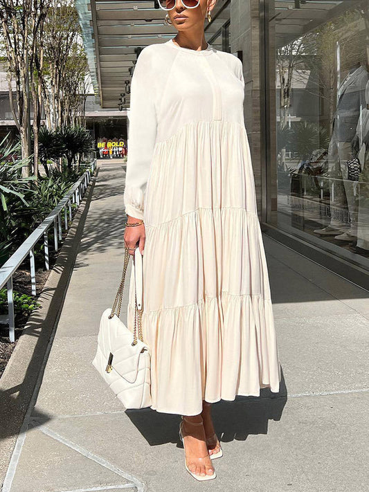 Solid Color Long Sleeve Ruffle Dress