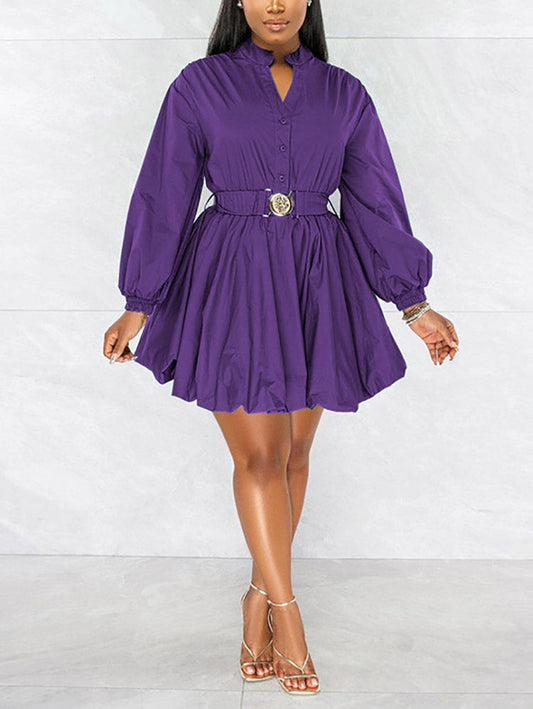 Belted Puffy Sleeve Solid Dress