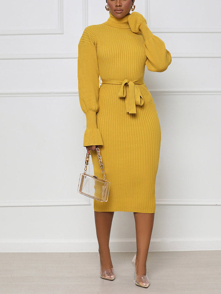 Turtleneck Knit Tie Waist Dress