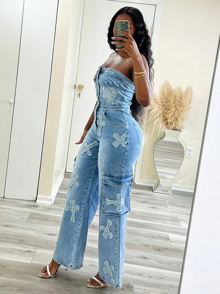 Cross Strapless Denim Jumpsuit