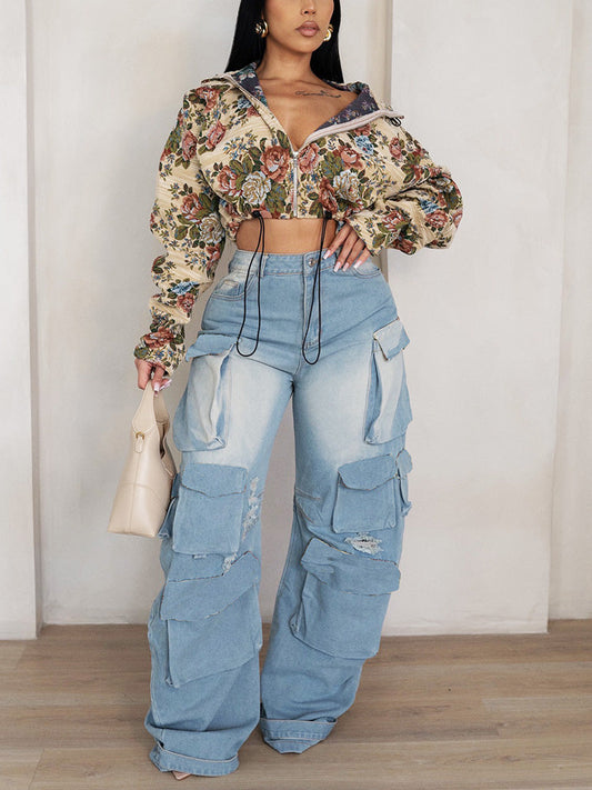 Vintage Floral Zip Up Crop Jacket