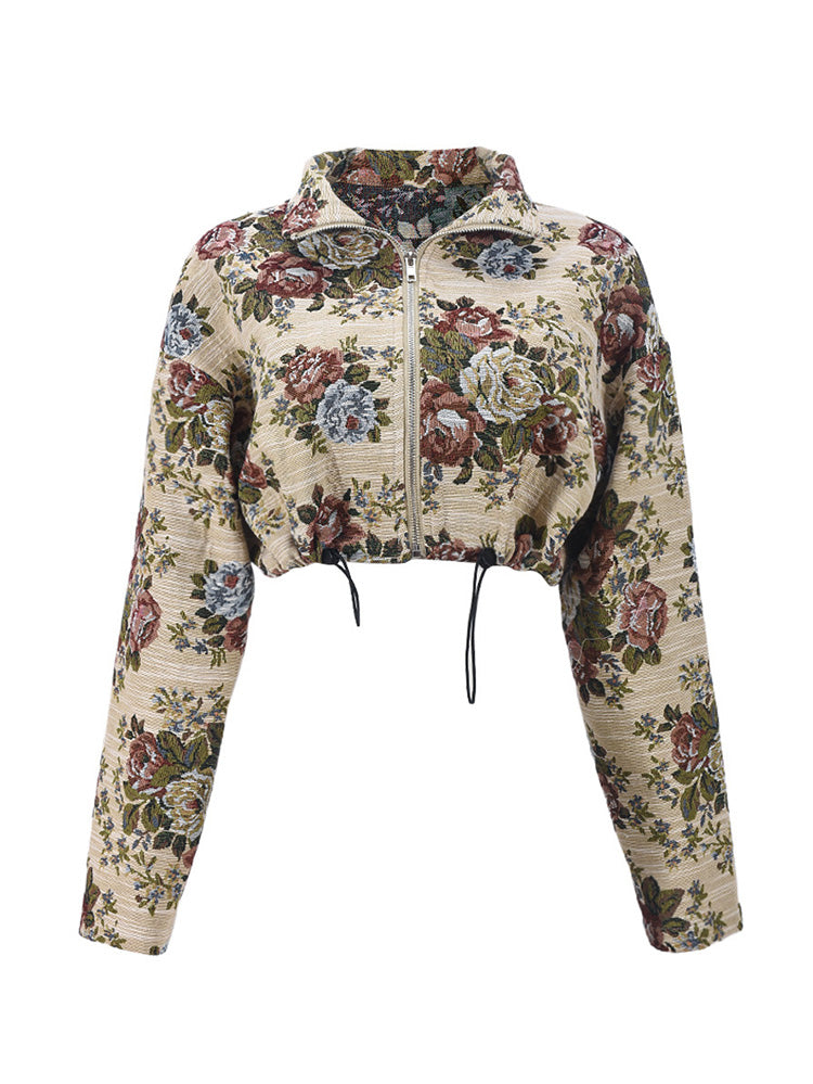 Vintage Floral Zip Up Crop Jacket