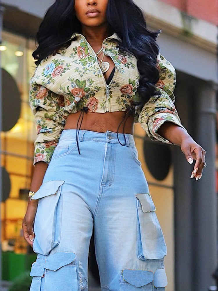 Vintage Floral Zip Up Crop Jacket