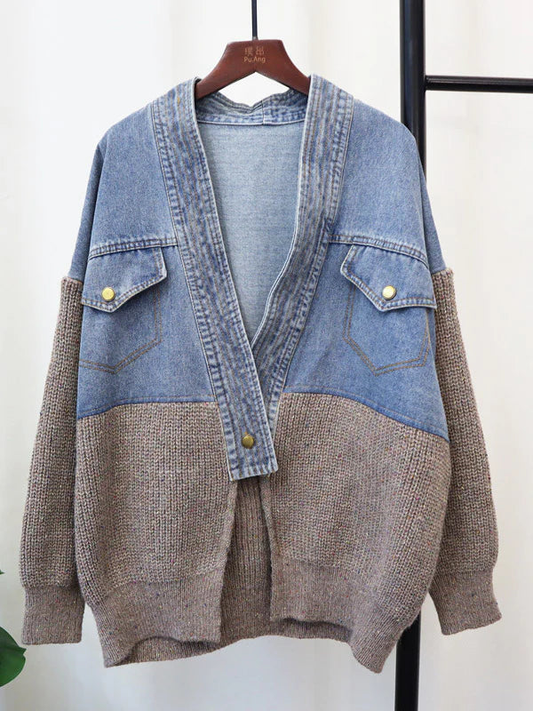 Knitted Denim Patchwork Cardigan