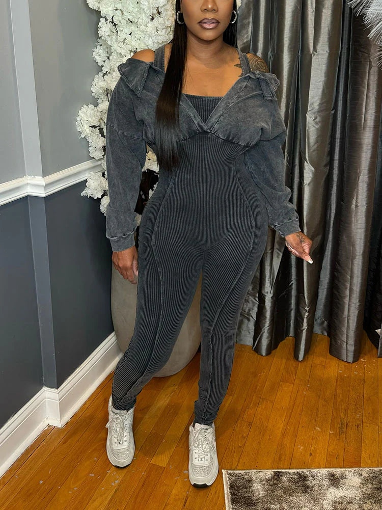 Washed Cold Shoulder Jumpsuit